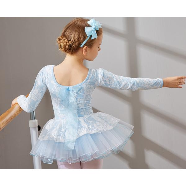 Children's lace ballet dance leotard dress with little flowers around the collar and butterfly knot on the back
