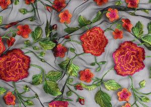 China Bridal 3D Floral Embroidered Mesh Fabric , Red Flower Bridal Embroidered Net Fabric on sale
