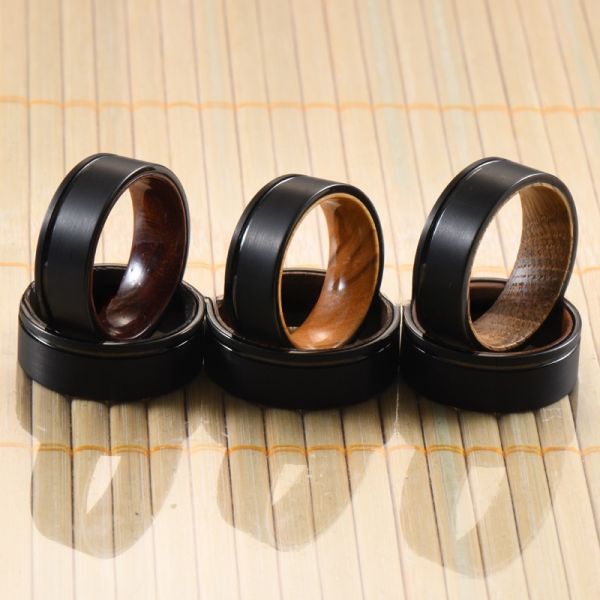 8mm Black Tungsten Ring Grooved Offest Whiskye Barrel Wood Liner Classic Style for Men Wedding Band Engagement Promise Gift