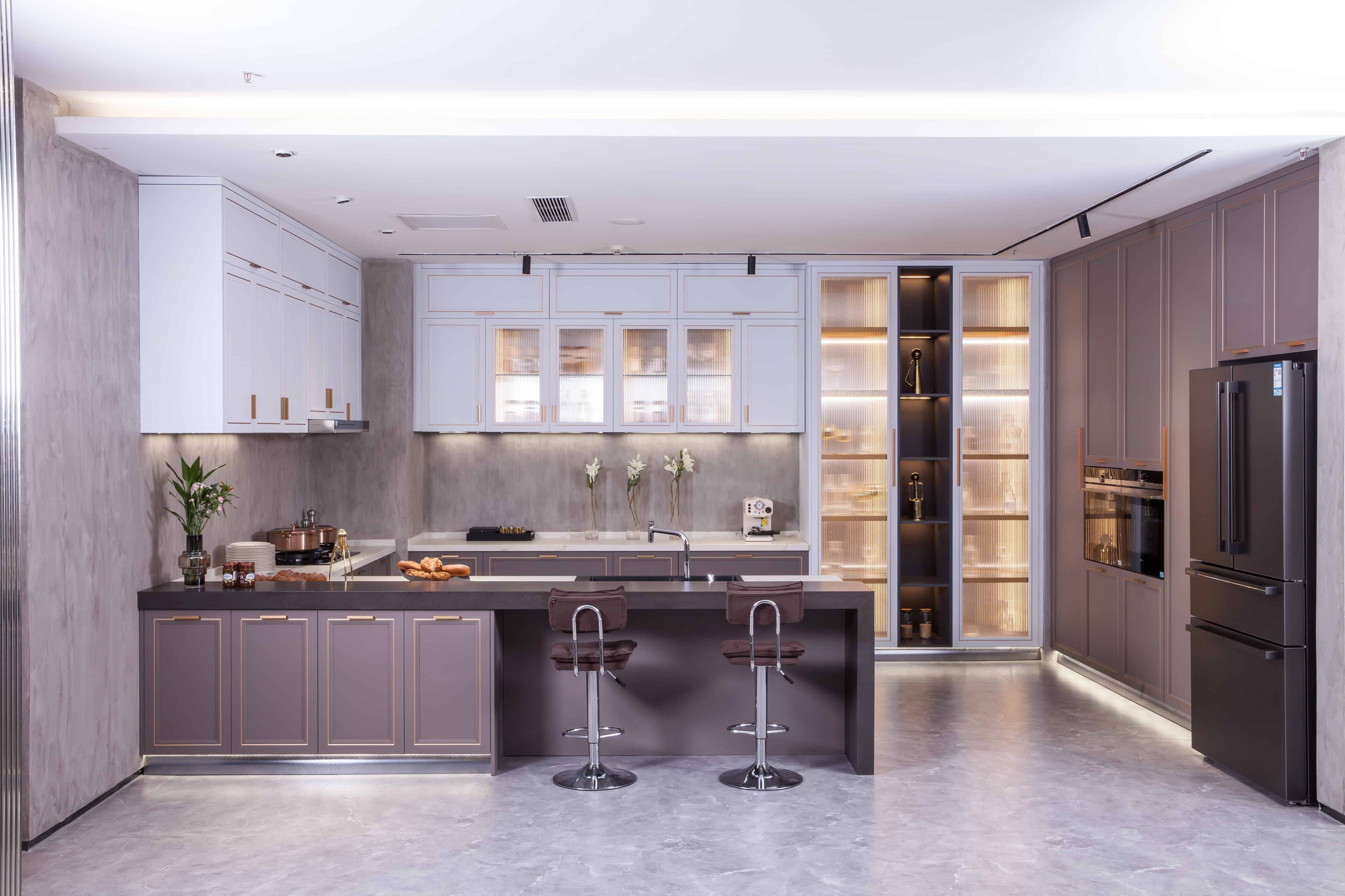 Cheap Modern Grey Brass - Trimmed Kitchen Cabinets - Island - Glass Storage wholesale