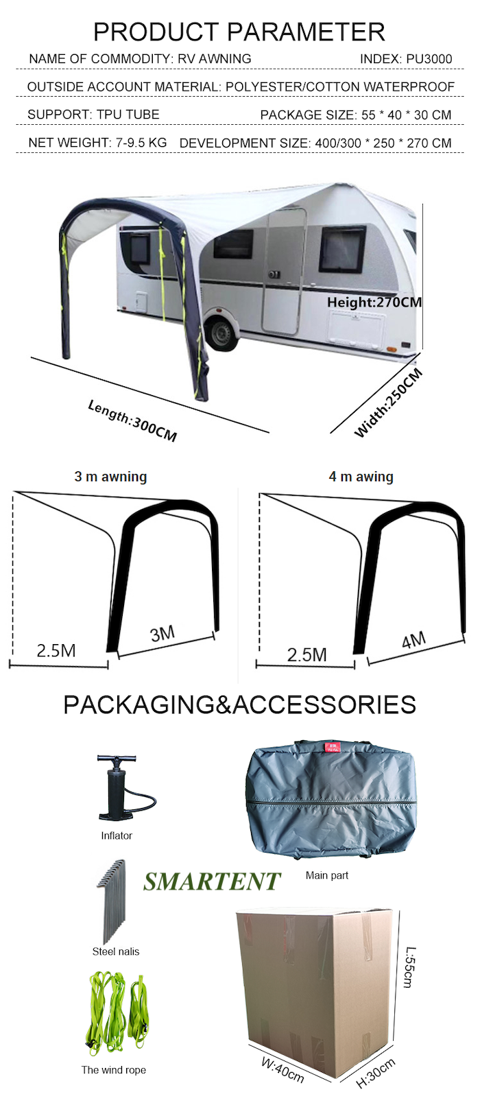Four Season Waterproof PU3000MM Vehicle Camping Tents 190T Polyeseter RV Side Awning 300x250x270CM