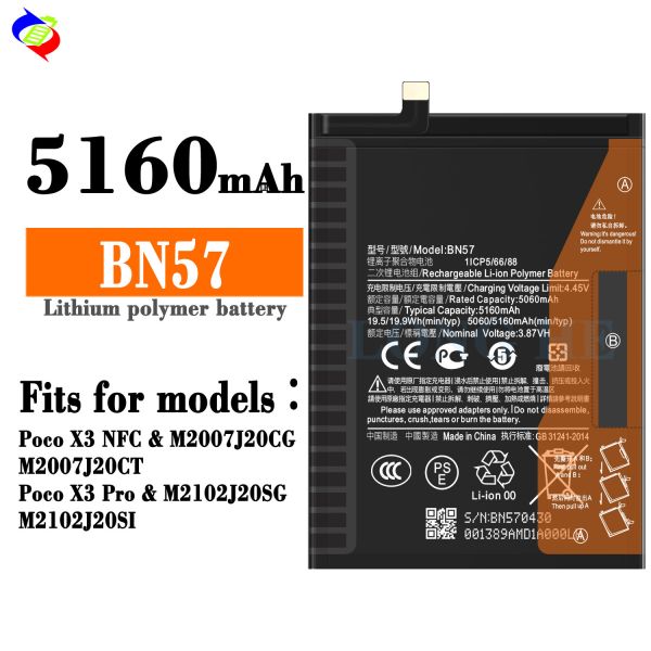 High Capacity Rechargeable Batteries for Xiaomi Poco X3 NFC X3 Pro BN57 5160mAh 3.87V