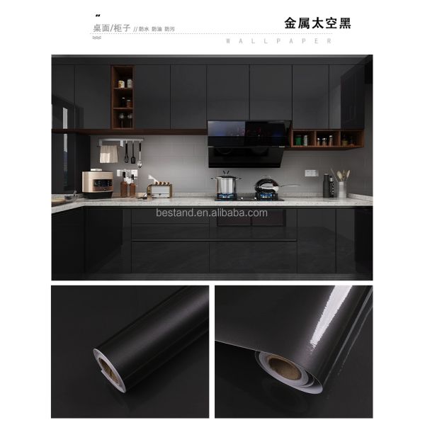 Modern Design PVC Dark Gray Glossy Foil Sticker for Removable Furniture Wallpaper Kitchen Cabinet Door Paper