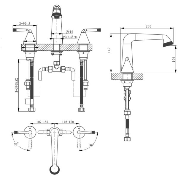 Three Hole Basin Brass Lavatory Faucets Hot And Cold Water Mixer