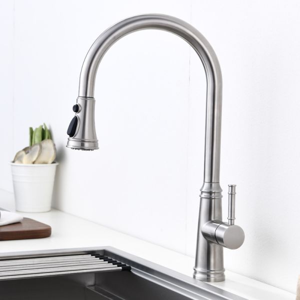 Stainless Steel 360 Degree Swiveling Spout Brushed Nickel Kitchen Faucet With Sprayer