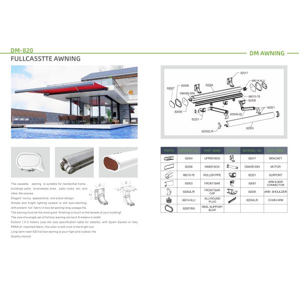 Outside WaterProof Full Cassette Awning Sunshade Outdoor Retractable Motorized Patio Cover