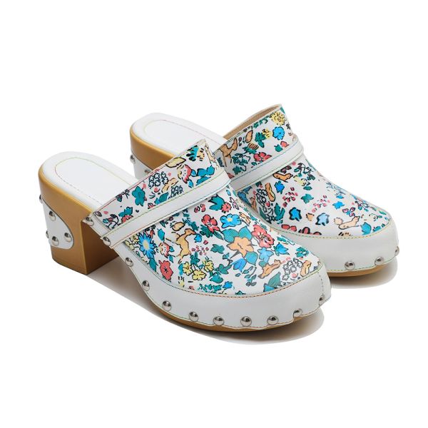Colorful Bohemian Mules Platform Block Heel Sandals Leather Clogs Shoes