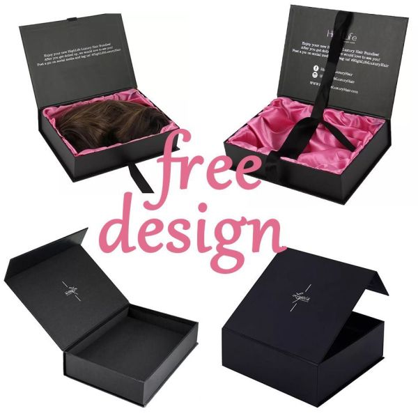 Customized Luxury Cardboard Paper Wig Hair Extension Magnetic Folding Packaging Boxes Premium Ribbon Art Packing Box with Sponge Lining