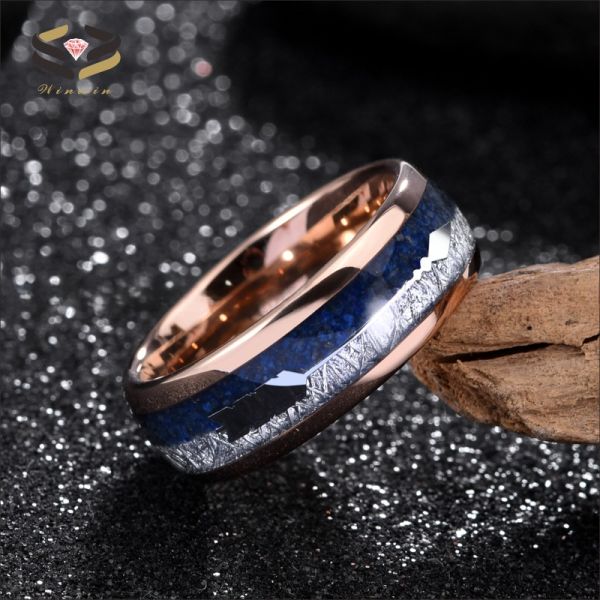 8mm Tungsten Lapis Wedding Band With Rose Gold Dome And Silver Arrow Inlay