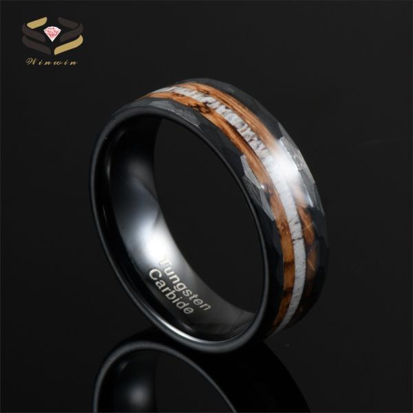 8mm Hammered Whiskey Barrel Wood and Deer Antler Inlay Black Tungsten Rings Children's Wedding Bands Gender Children's