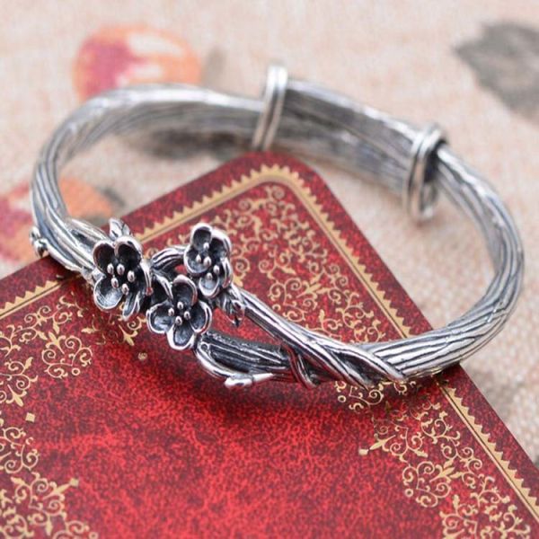 Sterling Silver Bangle Cuff Bracelet Engraved Flower Vintage Jewelry (049093W)