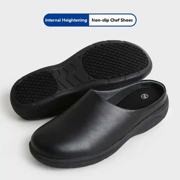 Casual Black Lightweight Nurse Shoes Non Slip Rubber Sole Slippers Waterproof Cowhide Leather Chef Shoes