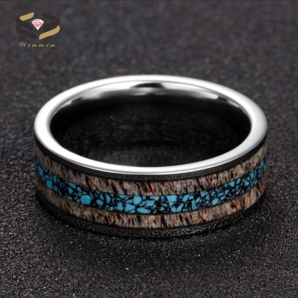 Mens Flat Silver Tungsten Wedding Bands 8mm Inlaid With Turquoise And Nature Antler