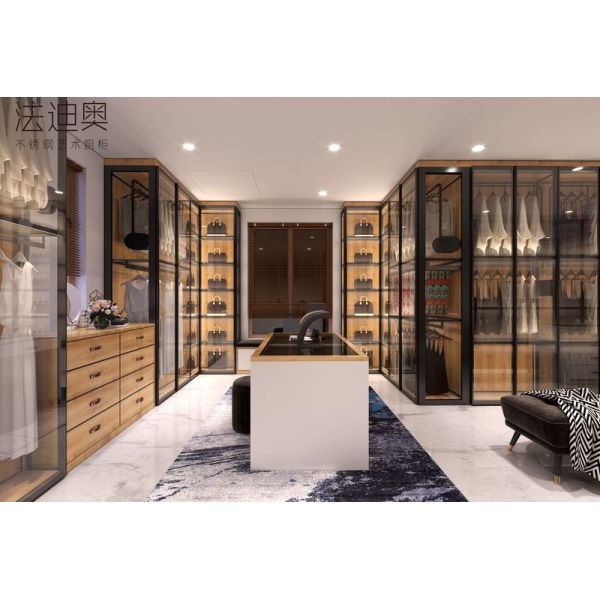 Robust Expansive Stainless Steel Open Walk In Closet With Glass Doors