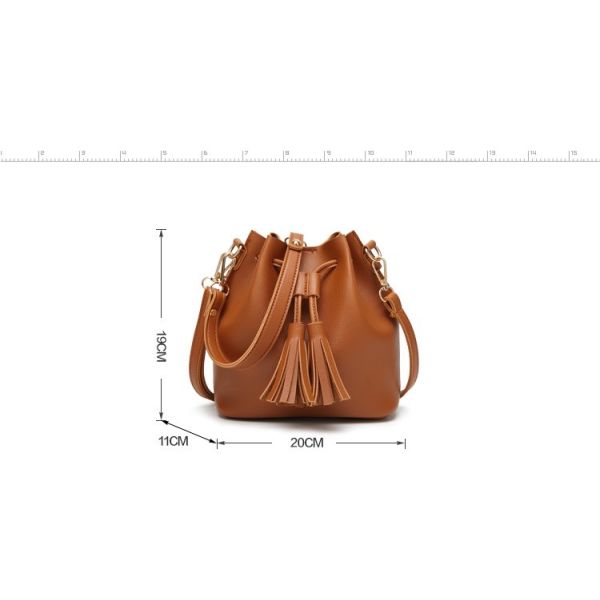 Crossbody Brown Macrame PU Leather Drawstring Bucket Bag