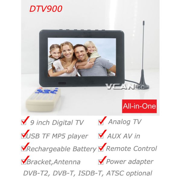 DTV900-DVBT2 9 inch Digital TV Analog TV USB TF MP5 player AV in Rechargeable Battery 