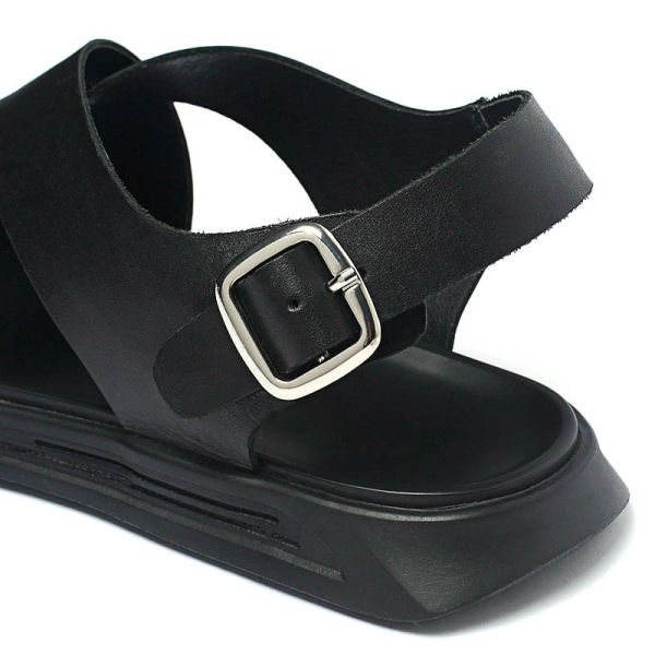 Summer Cow Leather Upper Black Genuine Leather Sandals