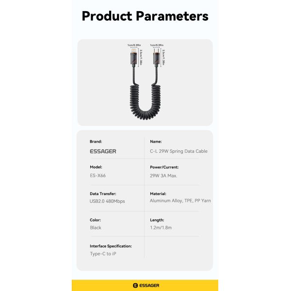 ESSAGER ES-X66 Spring Style 29W USB-C To Lighting Charging Cable Cord 1.8m Length Shielding Braid Included