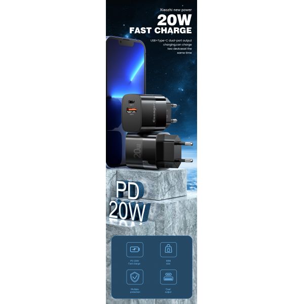 Essager 20W PD QC USB Type C Dual Ports USB Wall Charger