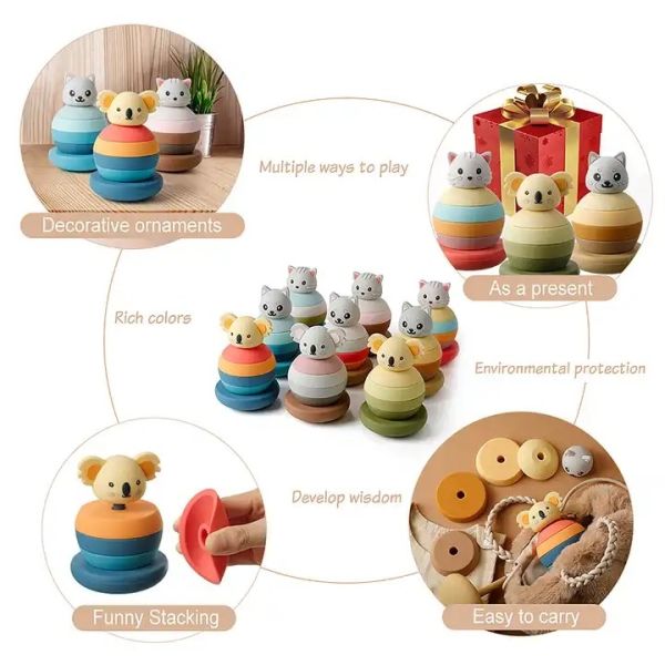 Animals Silicone Stacking Tower Educational Building Blocks Toys For 3 Year Olds