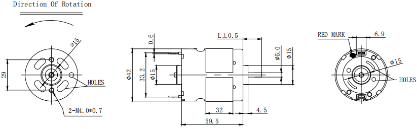 RS-750 42mm dc Brushed Electric Motor 2D Drawing