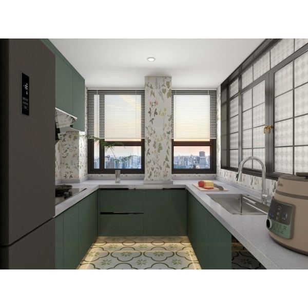 U-Shaped Stainless Steel Kitchen Cabinet With Elegant Green Finish