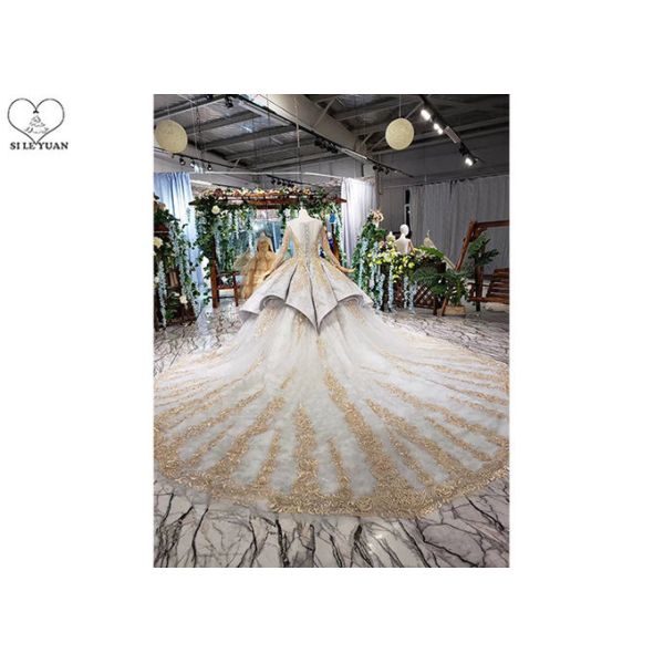 Gold Tailor Made Prom Dresses / Long Sleeve Ball Gown Lace Beading Big Tail