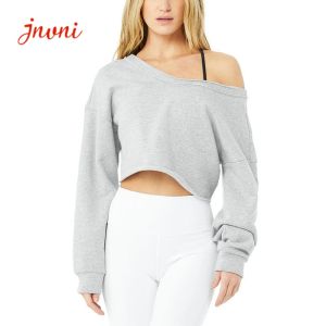 Dropped Off Shoulder Cuffed Sleeves Women Workout Hoodies 200gsm