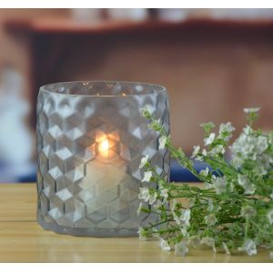 8" Grey Embossed Fence Pattern Glass Candle Holders