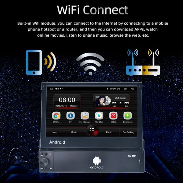Single Din Retractable Screen Car Stereo 1.3GHz 7 Inch Car Android Player Audio