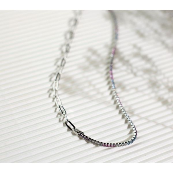 925 Sterling Silver Round Cut CZ Rainbow Collar Tennis Bracelet and Chain Necklace