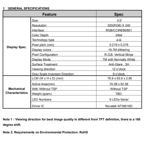Customize 3D Printing RGB 3.5 Inch NT39016D TFT LCD Screen Display Module