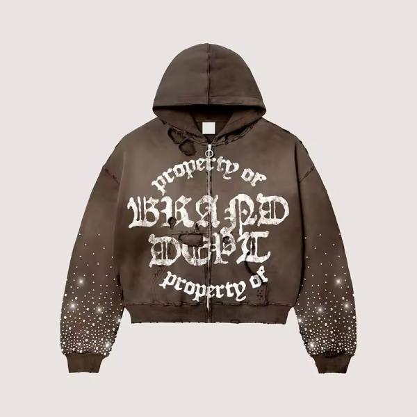 OEM Zipper Screen Print Drawstring Hoodie Retro Travel Rhinestone Park Vintage Acid Washed Boxy Oversized Destroyed Hoodie Men