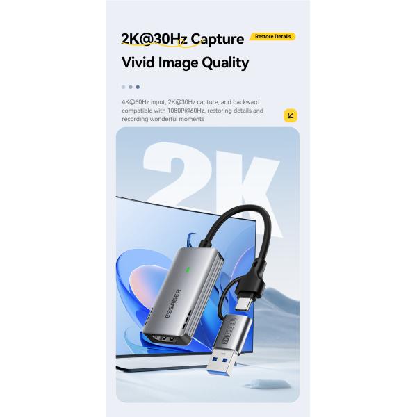 ESSAGER ES-CJK01 USB 3.0 Type C Hdmi 1080p 2K 4K Video Capture Card For PC TV Phone Laptop Camera Live Streaming Gaming