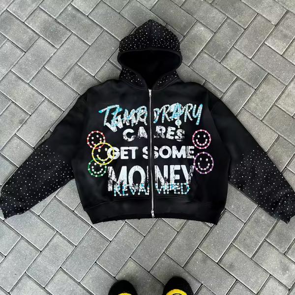 Custom 100% Cotton Acid Wash Hoodie with All Rhinestone Embroidery 3D Zipper Screen Printing French Terry-Cropped Raw Hem Hoodie