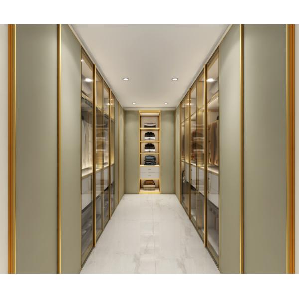 Sophisticated Green Bean Gray U Shaped Walk In Closet With Metallic Finish Trim