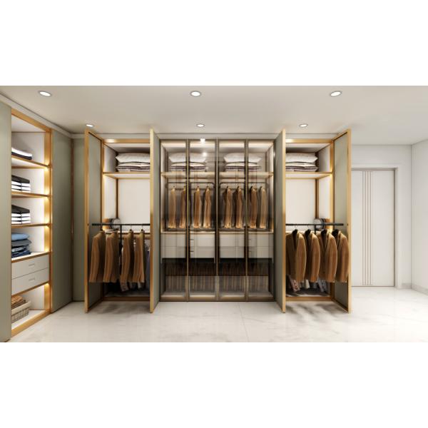 Sophisticated Green Bean Gray U Shaped Walk In Closet With Metallic Finish Trim