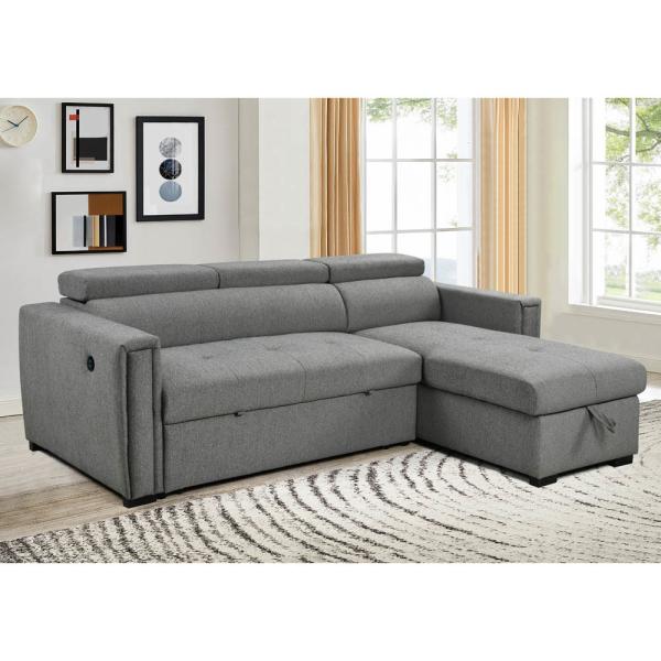 L-Shaped Reversible Sectional Sleeper Sofa with Pull-Out Bed and Storage and USB Charging Ports, Metal Gray Chenille
