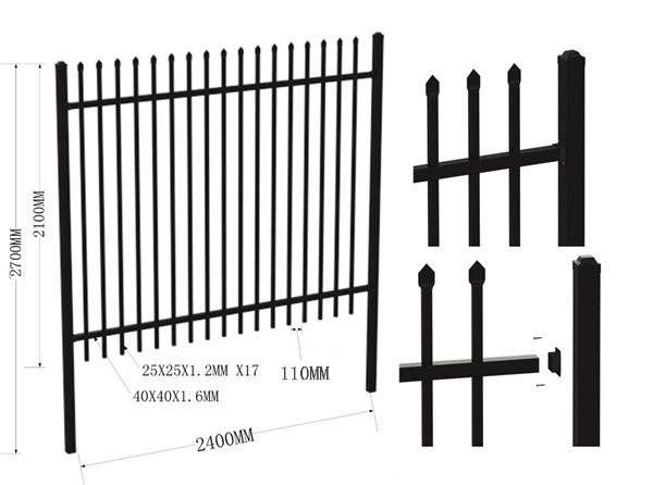 2.4m X 2.4m SHS 65mm Tube Black Garrison Garden Fence Panels Security Spear Top Tubular Steel Fencing