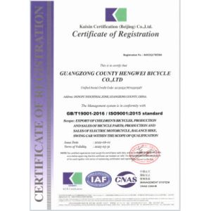 Guangzong County Hengwei Bicycle Co., Ltd. Certifications