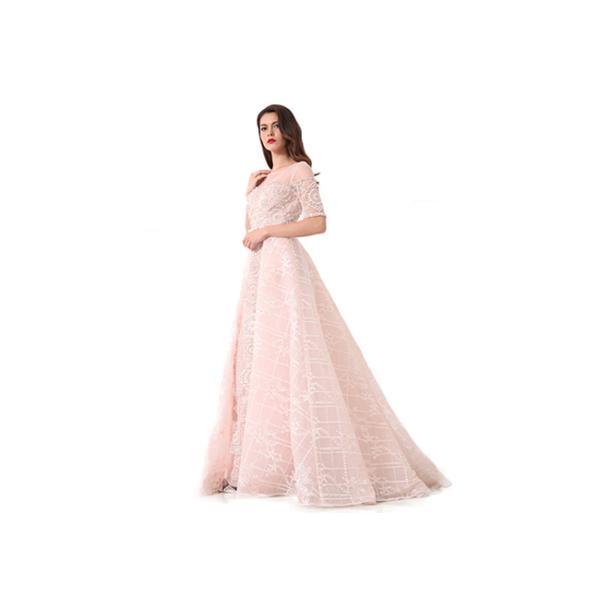 Light Pink Half Sleeve Evening Dresses / Saudi Wedding Bridesmaid Dress