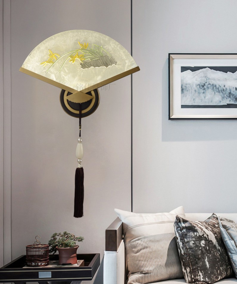 New Chinese Style Copper Enamel Color Fan Leaf Wall Lamp Corridor Wall Lamp