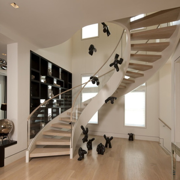 Wooden Treads Curved Staircase Building Curved Stairs With Laminated Tempered Glass Railing