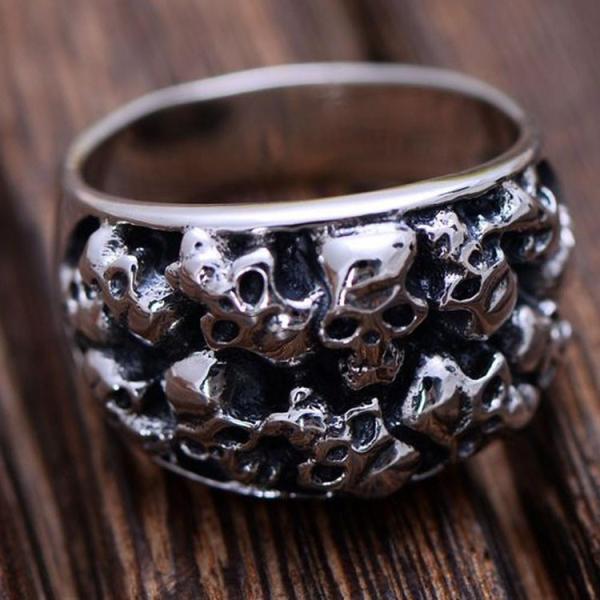 Thai Vintage Sterling Silver Skeleton Skull Men's Band Ring (R6030808)