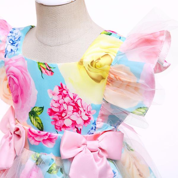 Girls Floral Print Summer Children'S Clothing Bow Dress