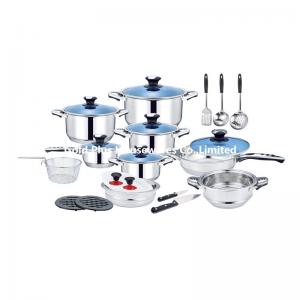 Cheap Pots and pans 25pcs non stick soup pot stainless steel kitchen utensils long handle noodle pot with blue glass lid wholesale