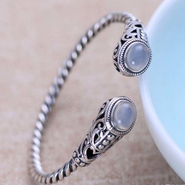 Sterling Silver Cable Bracelet with Chalcedony Open Adjustable Cuff Bracelet (XH049954WWHITE)
