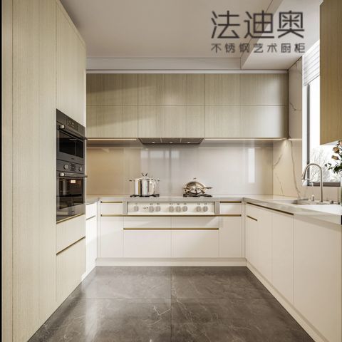 Fadior Stainless Steel Art Kitchen Cabinet - Cream & Wood Tone, Linear Layout, Built-in Appliances & Premium Hardware