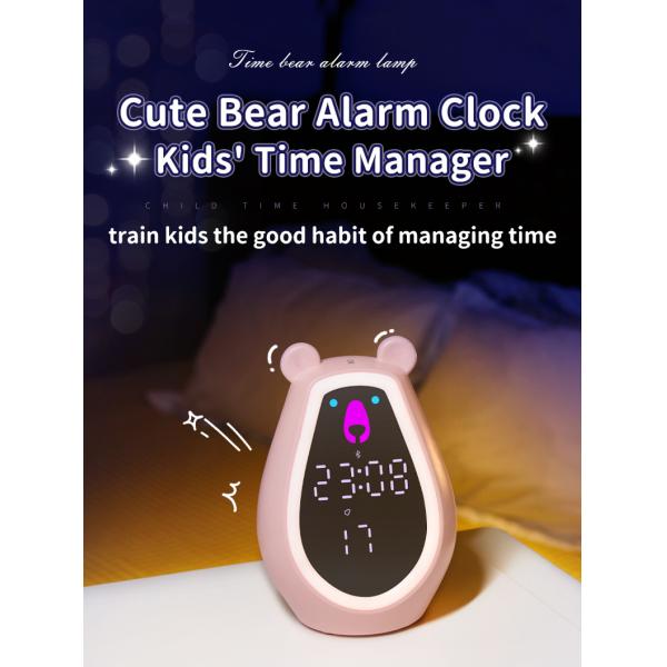 Bear Alarm Clock Kids Mini Night Light Adjustable Brightness Voice-Activated Wake Battery-Powered