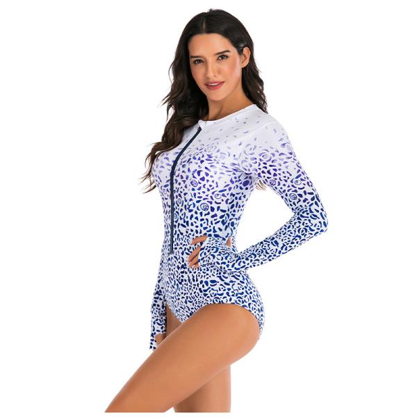 Zipper Front One Piece Long Sleeve Swimsuit Printing High Elastic Thumb Cuff